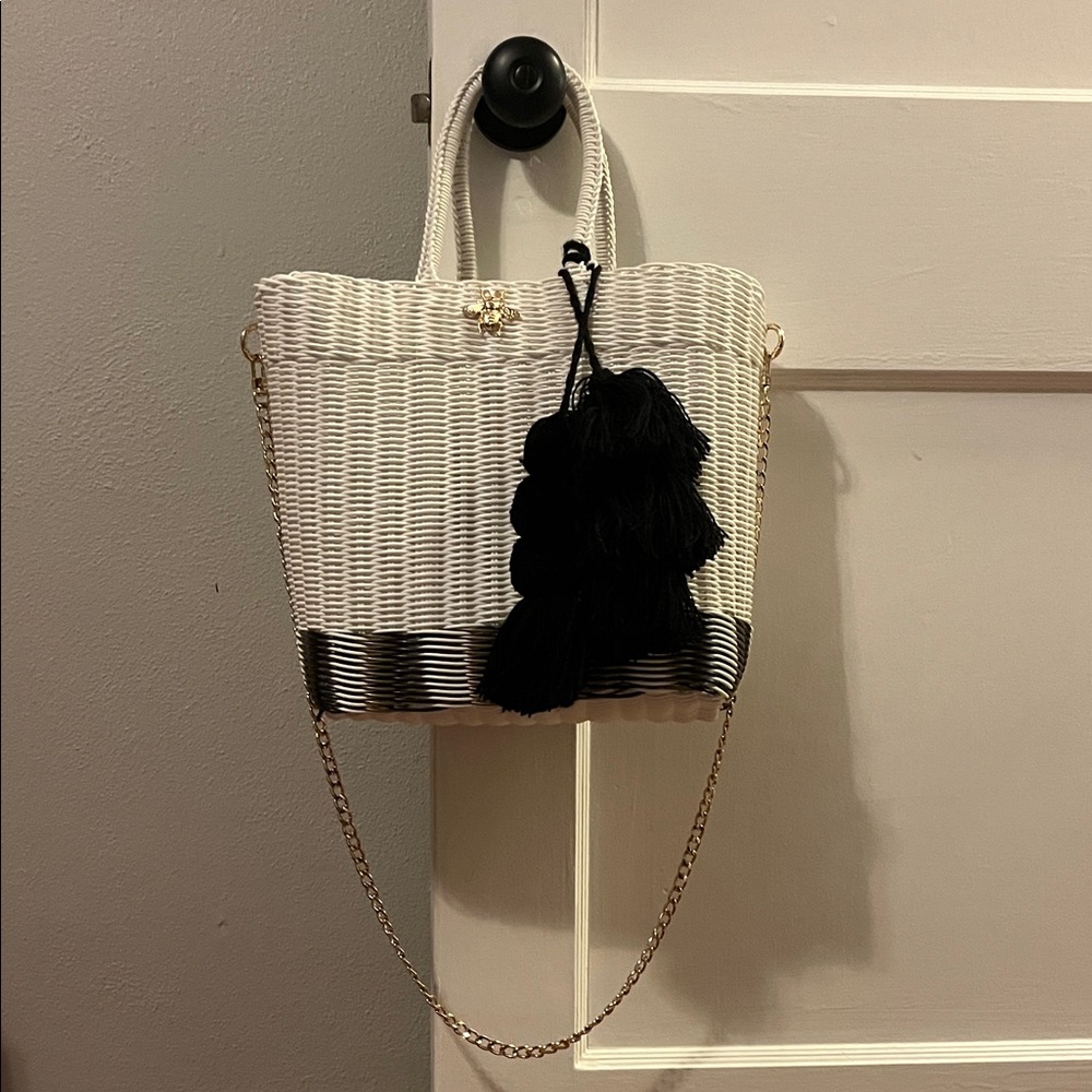 Elegant White and Black Woven Tote Bag